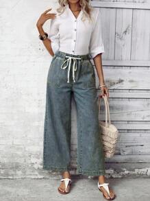 EMERY ROSE Vacation Casual Washed Wide Leg Jeans - Dusty Blue - View 3