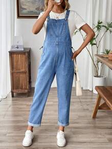 SHEIN Peto vaquero azul de maternidad con dobladillo enrollado, mono de moda para el verano