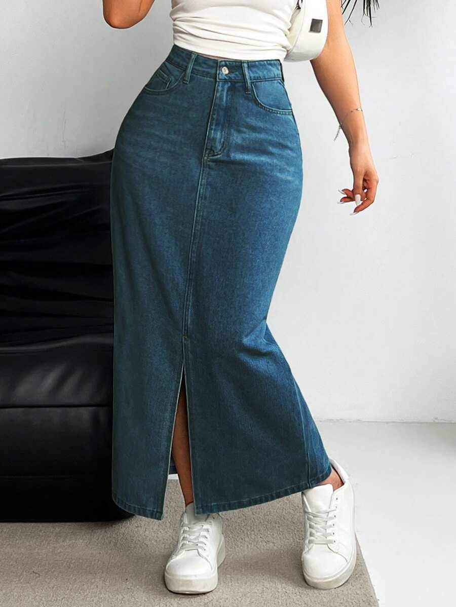 SHEIN Essnce Casual Washed-Effect Front-Slit Long Denim Skirt - Blue - View 1