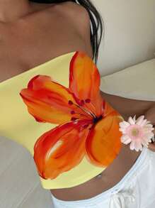 Aloruh 女士休闲弹力抹胸上衣，橙色花卉印花，适合夏季、热带花卉、音乐节、夏威夷印花、度假 - 彩色 - 查看 5