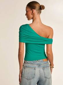 Glamine Women's Asymmetrical Drawstring Ruched Open Shoulder Elegant Knit Top - Green - View 2