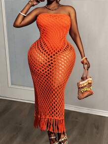 Slaydiva 2025 Novos feriados férias casual minimalista vazado sem mangas macacão - bainha franjada vestido longo de malha versão A - Laranja - Ver 5