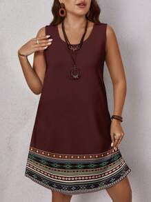 EMERY ROSE Mother's Day Women Plus Size Casual Simple Geometric Print Sleeveless Round Neck Dress, Suitable For Summer Vacation Chic Dress - Multicolor - View 3