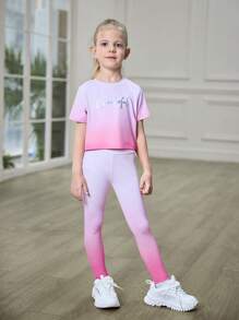 SHEIN 女孩彩色渐变印花运动服套装，高弹力休闲运动装，宽松上衣和松紧腰紧身裤，柔软舒适，适合夏季休闲运动、户外活动 - 粉色 - 查看 5