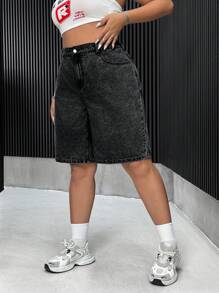 SHEIN ICON Plus Size Solid Color Denim Shorts, Minimalist Fashion Suitable For Summer - Dark Grey - View 5