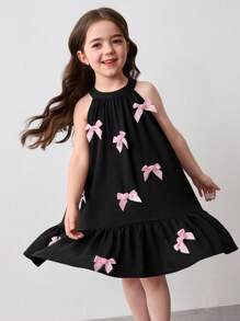 SHEIN Young Girl Woven Sleeveless Midi A-Line Cake Dress With Pink Bow Decor,Summer 7th Birthday Princess Party Wear,Mom & Daughter Matching Family Outfits - Black - View 5