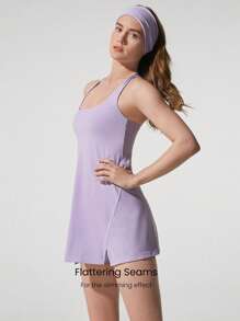 GLOWMODE Quick-Dry Match Point Peekaboo Flattering Seam Front Slit Square Neck Racerback Active Dress With Built-In Shorts Side Pockets Non-Slip Grips Low Impact Tennis Golf Pickleball Daily Wear - Lilac Purple - View 6