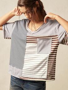 Bohemela Knit Striped Patchwork Loose Fitting Women Short Sleeve T-Shirt