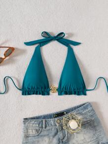 Swim Vcay Neuer geraffter rückenfreier Halter-Bikini-Top für Frauen - Taubenblau - Übersicht 6