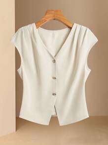 EMERY ROSE Women's Elegant Front Button Batwing Sleeve Shirt Blouse, For Commuting In Summer - Apricot - View 1