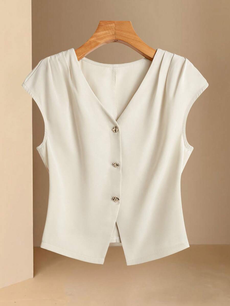 EMERY ROSE Women's Elegant Front Button Batwing Sleeve Shirt Blouse, For Commuting In Summer - Apricot - View 1