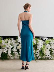 MOTF PREMIUM SILK HALTER SLEEVELESS MIDI DRESS - Blue - View 6