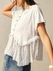 Bohemela Solid Color Knit Lace Panel Round Neck Loose Asymmetrical Hem Women T-Shirt - White - View 7