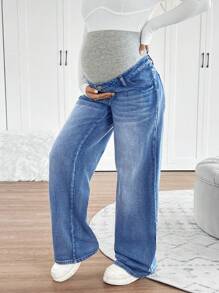 SHEIN Maternity Knitted Waist Support Relaxed Fit Straight Leg Jeans