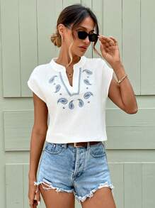 SHEIN LUNE Blusa bohemia casual de verano con manga corta, bordado y estilo folclórico para días de vacaciones