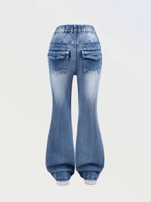 SHEIN NEW Girls Water-Washed Soft & Comfy Casual Vacation Fashion Street Pop Style Water-Washed Distressed Stretch Flare Jeans, Spring/Summer Lightweight Cool 2025 Spring/Summer New Product Suitable For Daily Outing - Light Wash - View 2