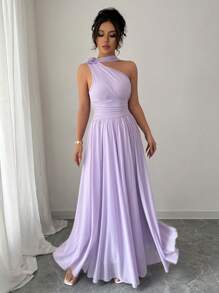 Elenzga Women's Elegant Holiday & Casual European Style Floral Decor Halter Neck Dress With Flowing Sashes, Suitable For Vacation, Dates, Outings, Travel And Other Occasions