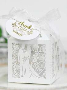SHEIN 25 Stücke/Packung Braut & Bräutigam Lasergeschnittene perlmuttfarbene Papier-Süßigkeitendose mit Schleife & Dankeschön-Anhänger & Rosenblumendesign, kleine Größe (5*5*8cm) Hochzeitsfeier Geschenkbox