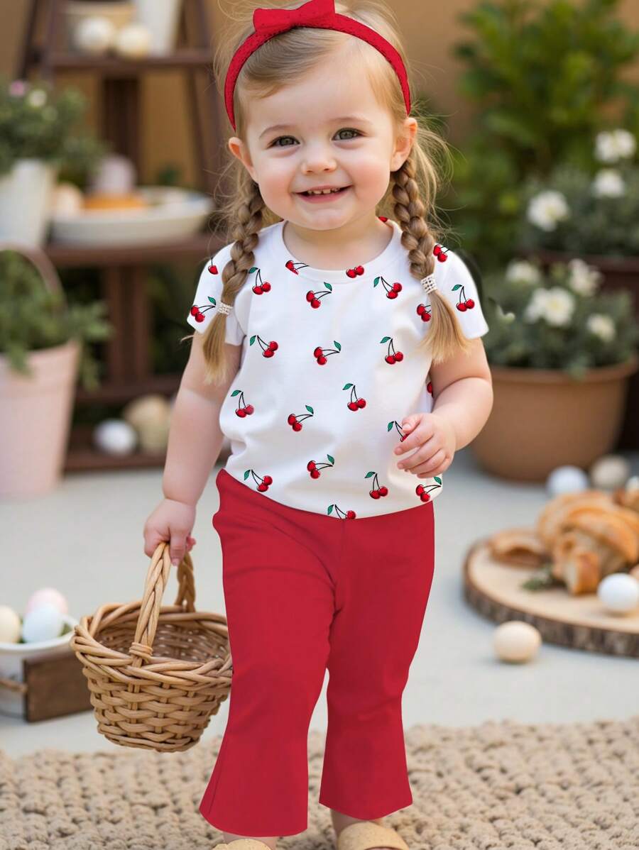 SHEIN Cute Polka Dot Cherry Print Red Baby Girl Casual Minimalist Short Sleeve Crew Neck & Pants Set, Suitable For Spring/Summer - Multicolor - View 1