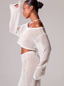 Musera Resort Off-Shoulder, strukturierte Strick-Langarm-sexy, romantische, elegante Crop-Top nur für Ibiza Urlaub, Frühling Sommer Strandmode, Geburtstag, Tequila Sunrise, Braut