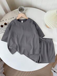 SHEIN LMoss Kids LMoss Tween Girl Music Festival Woven Solid Color Round Neck Short Sleeve T-Shirt And Shorts Set - Grey - View 3