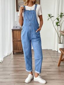 SHEIN Peto vaquero azul de maternidad con dobladillo enrollado, mono de moda para el verano