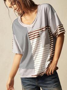 Bohemela Knit Striped Patchwork Loose Fitting Women Short Sleeve T-Shirt
