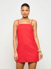 AiiRZ Váy ngắn dây mảnh vải lanh Linen Feel mặc đi biển mùa hè, không tay, dáng chữ A, thắt nơ sau lưng, dự tiệc ngày lễ - Đỏ - Xem 3