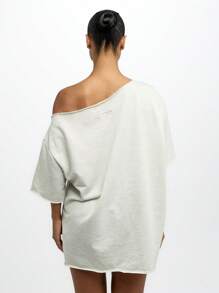 SUMWON WOMEN Váy thun dài trễ vai phong cách đường phố mùa hè quá khổ, mặc ở nhà, thường ngày, cuối tuần, lễ hội, phong cách đường phố đô thị, thể thao, văn bản chữ viết - Xám - Xem 2