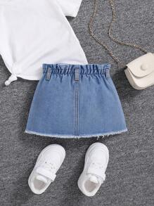 SHEIN Baby Girls' Denim Skirt With Frayed Hem, Spring Summer Cute Boho Ruffled Waist - Light Wash - View 2