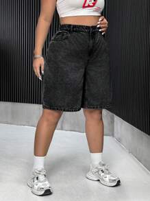 SHEIN ICON Plus Size Solid Color Denim Shorts, Minimalist Fashion Suitable For Summer - Dark Grey - View 6
