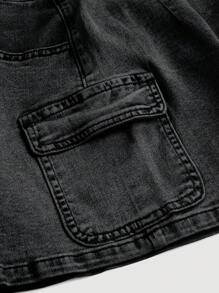 SHEIN MOD Women's Casual Distressed Denim A-Line Cargo Skirt - Black - View 3