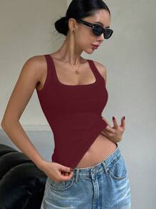 DAZY Women's Solid Color Round Neck Ribbed Casual Fitted Tank Top Preppy Tops - Burgundy - View 5