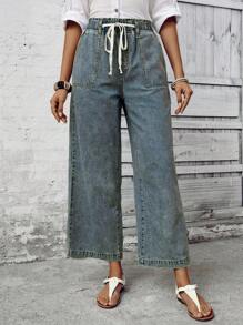 EMERY ROSE Vacation Casual Washed Wide Leg Jeans - Dusty Blue - View 4