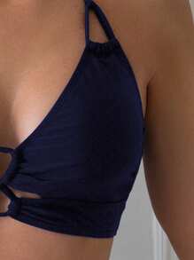 Swim Basics Women's Summer Beach Solid Halter Tie Up Sexy Bikini Top - Navy Blue - View 4