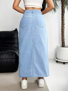 SHEIN Essnce Falda vaquera casual larga con bolsillos y dobladillo con abertura para mujeres