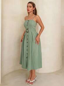 Glamine Button Front Belted Cami Dress Maxi Women Outfit - Grön - Visa 3