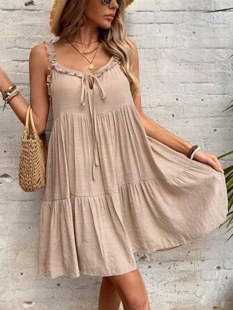 Swim Vcay Damen Sommer Strand einfarbiges ärmelloses Rüschen-Saum Bindeband Strandkleid