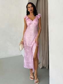 Glamine 女士粉色提花荷叶边吊带连衣裙，露背，浪漫开衩度假连衣裙 - 淺粉色 - 查看 1