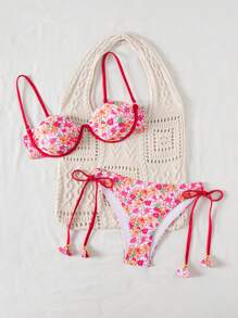 SHEIN Swim 2pcs Ditsy Floral Sexy Bikini Set With Underwire Padded Top And Ruffled Boyshorts, Includes Gold Tassel Side-Tie Bottom For Summer Beach Vacation - Chocolate Brown - View 4