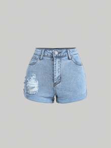 SHEIN Girlism Teen Girls' Distressed Fashion Denim Shorts, Suitable For Summer