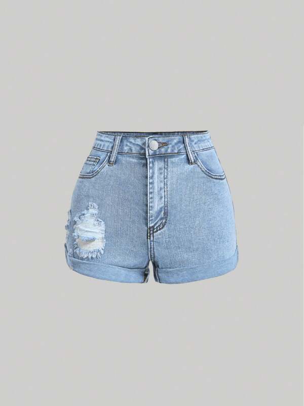 SHEIN Girlism Shorts vaqueros de moda desgastados para adolescentes, apropiado para el verano