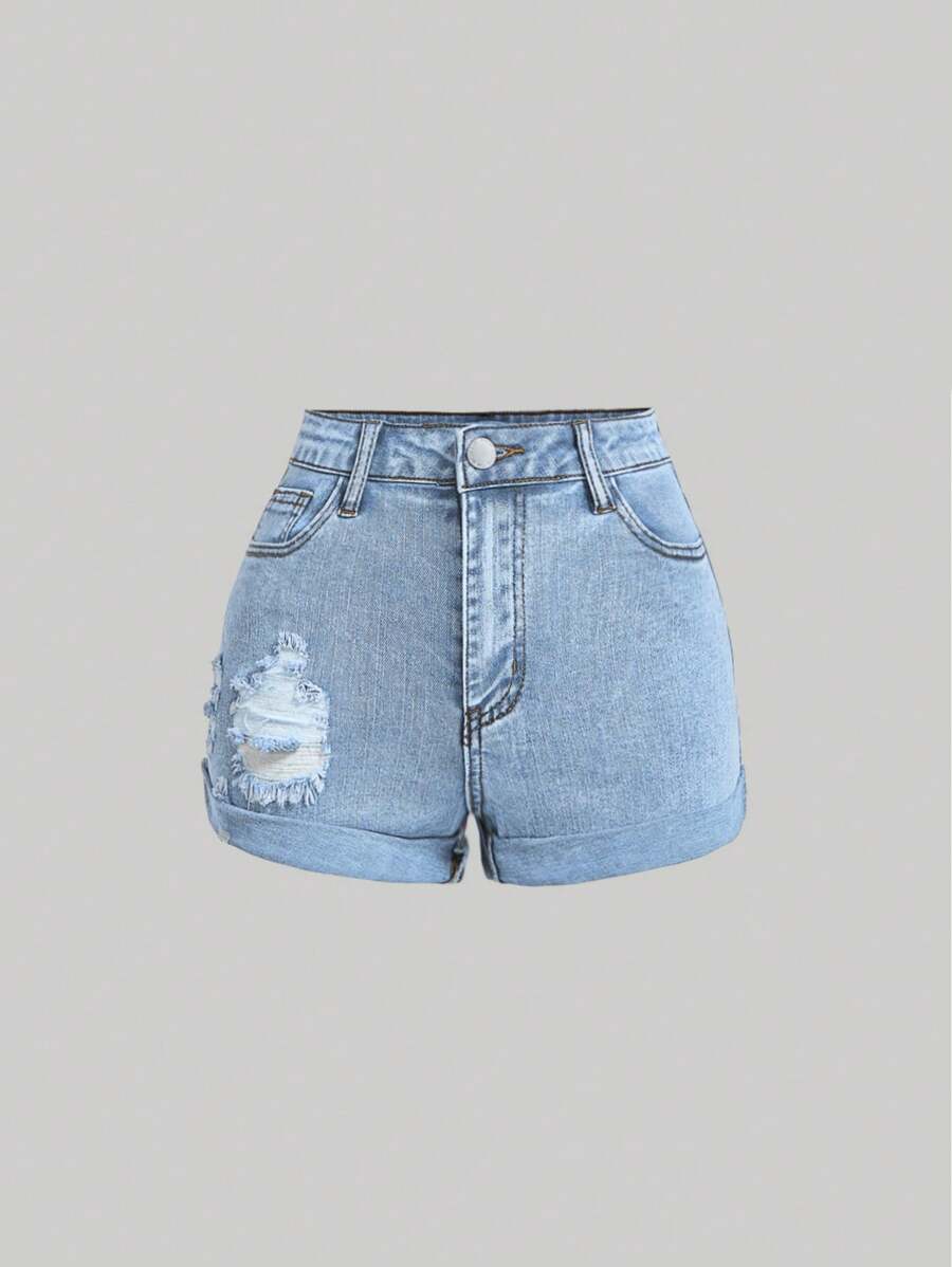 SHEIN Girlism Teen Girls' Distressed Fashion Denim Shorts, Suitable For Summer