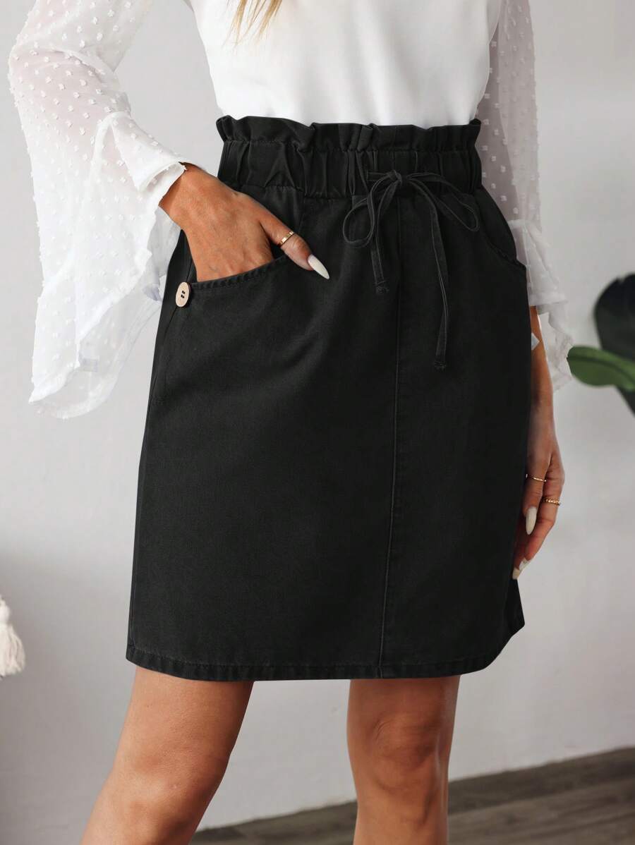 EMERY ROSE Women's Casual Solid Color Paper Bag Waist Denim Skirt - Black - View 1