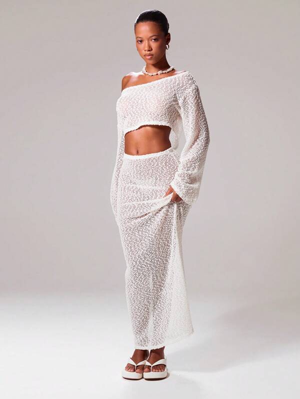 Musera Resort Drawstring Textured Knit Low Rise Straight Fit Sexy Romantic Elegant Maxi Skirt Cover Up Only For Ibiza Vacation Holiday Spring Summer Beachwear Birthday Tequila Sunrise