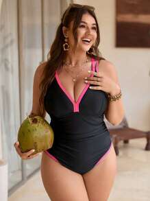 Swim Lushoire 大码女式连体拼接交叉后背细肩带泳衣，适合海滩和度假穿着 - 玫紅色 - 查看 3