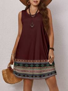 EMERY ROSE Mother's Day Women Plus Size Casual Simple Geometric Print Sleeveless Round Neck Dress, Suitable For Summer Vacation Chic Dress - Multicolor - View 1