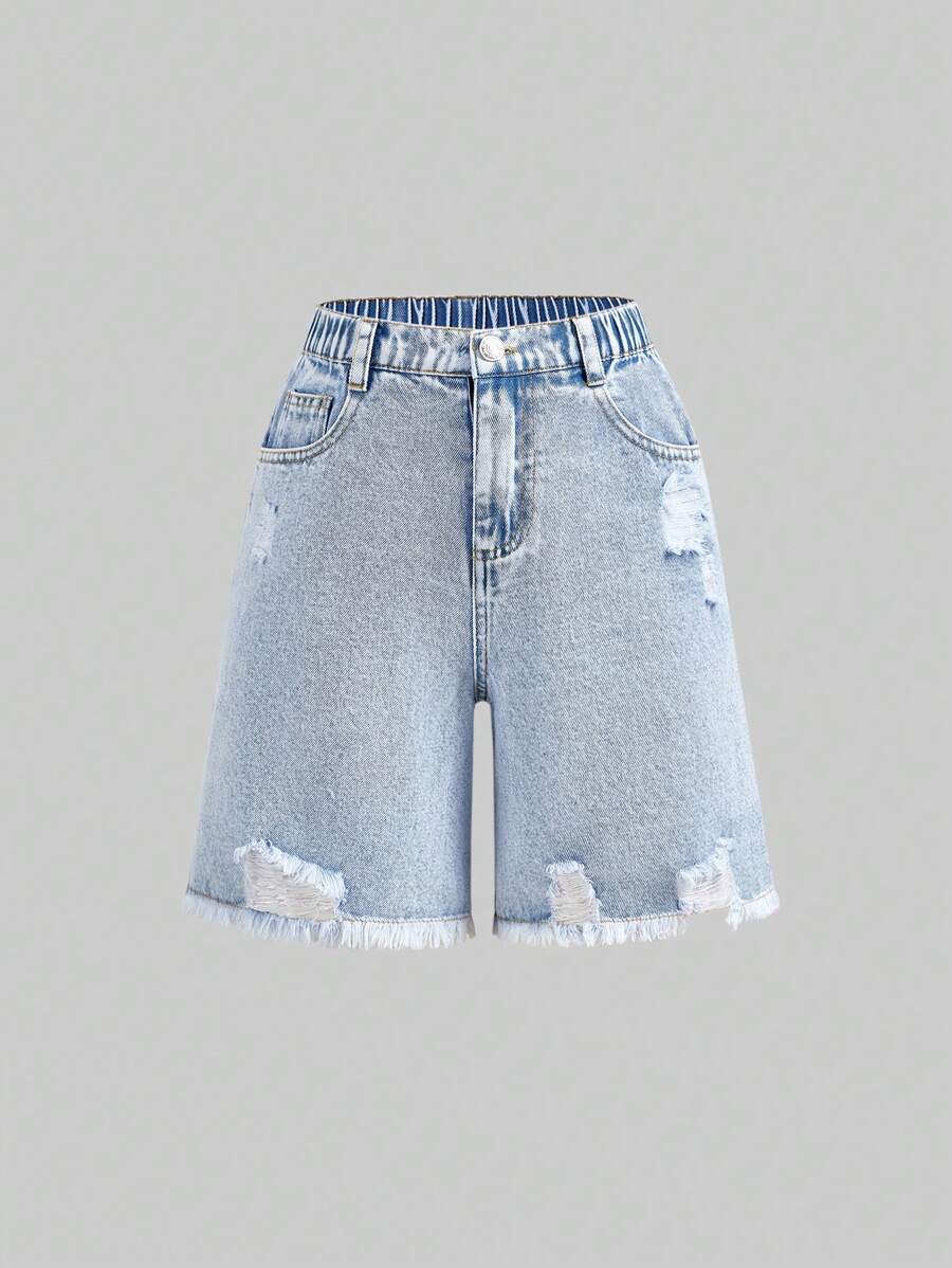 SHEIN NEUE Tween Mädchen Mode Zerrissene Locker Sitzende Knielanges Hose, Leichter Weicher Gewaschener Denim Stoff, Bequem & Vielseitig, Perfekt für Alltägliche Ausflüge, Frühling/Sommer, Schule, Campus, Uni - Helle Waschung - Übersicht 1