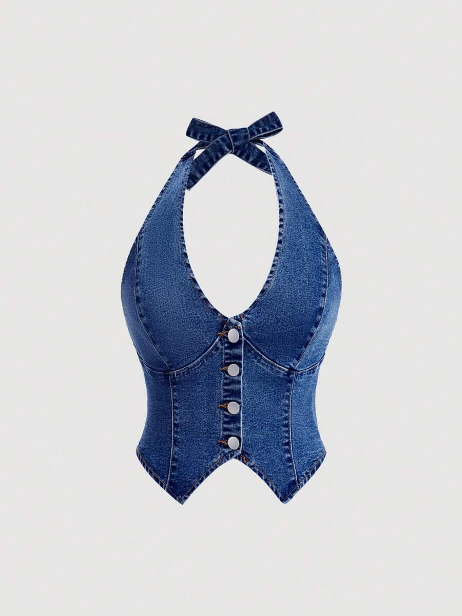 Selenza 女式单排扣翻领修身牛仔衬衫 - 深色水洗藍 - 查看 1