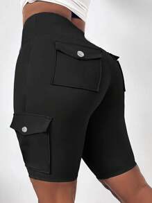 SHEIN LUNE 加大码高腰折叠工装跑步短裤，带口袋，可收腹提臀 - 黑色 - 查看 1